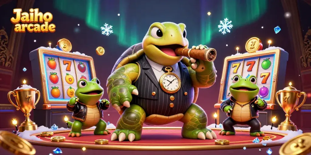 Experience fun with Jaiho arcade's 3D slots and engaging characters in a vibrant casino scene.