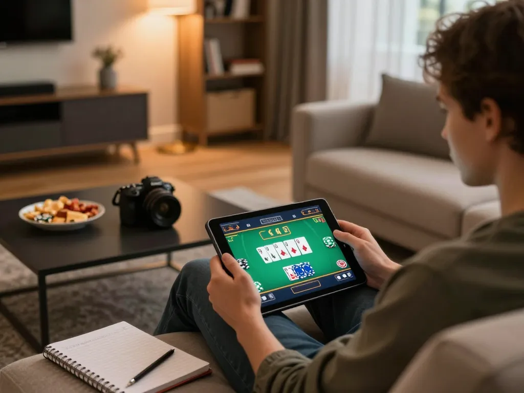 A person playing online casino games using a tablet, featuring alev giris experience in a cozy home setting.