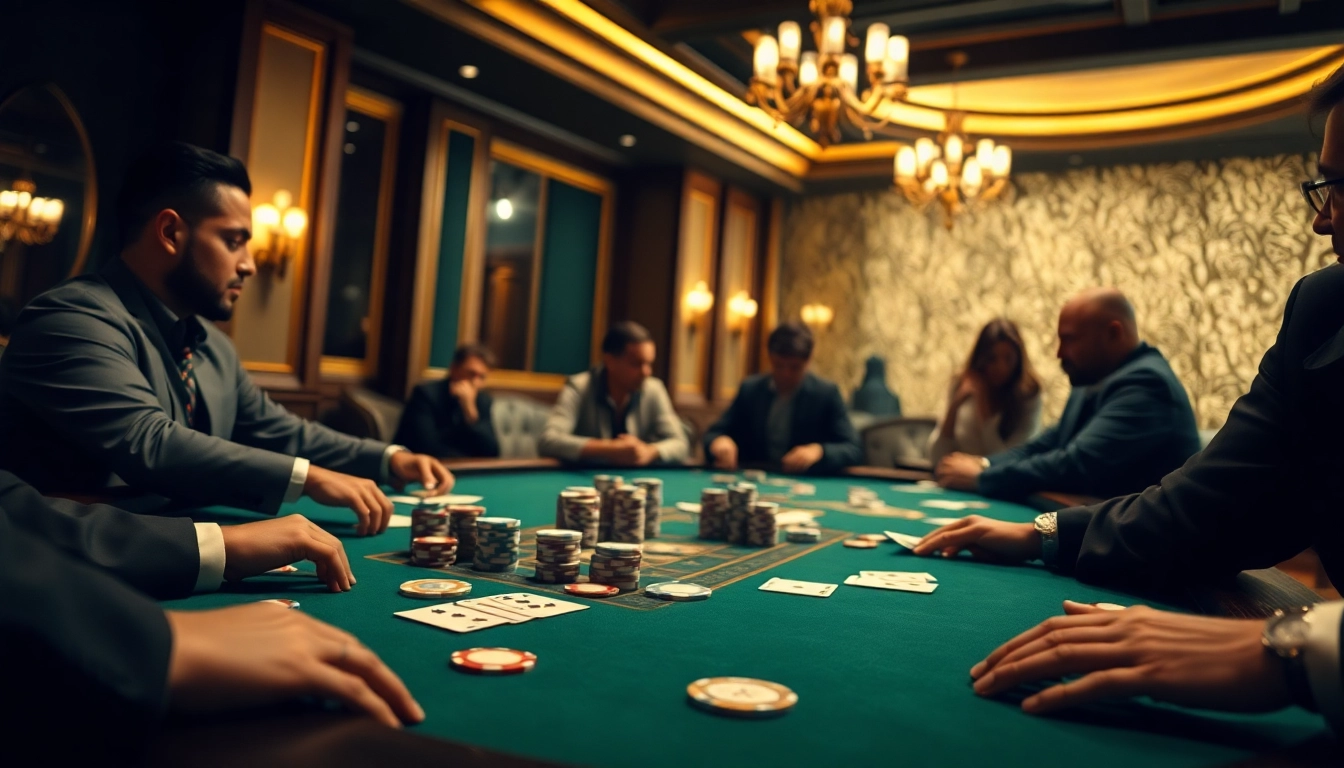 Engaged players compete in a thrilling poker game, showcasing excitement at the table.