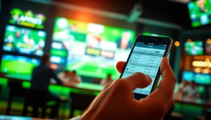 Engaging scene of online Betting with a bettor analyzing live odds on a smartphone in a sports bar.