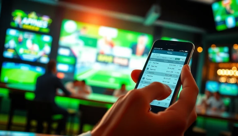 Engaging scene of online Betting with a bettor analyzing live odds on a smartphone in a sports bar.