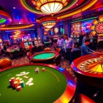 Experience the excitement of gambling at jun888 with a bustling casino scene featuring poker, roulette, and slot machines.