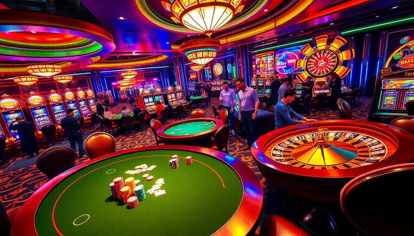 Experience the excitement of gambling at jun888 with a bustling casino scene featuring poker, roulette, and slot machines.