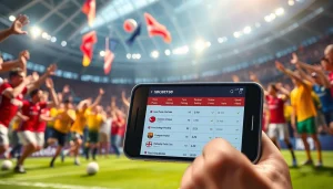 Menyaksikan taruhan SBOBET88 pada ponsel saat pertandingan sepak bola yang seru.