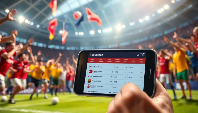 Menyaksikan taruhan SBOBET88 pada ponsel saat pertandingan sepak bola yang seru.