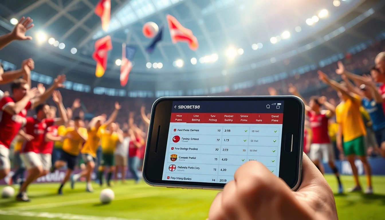 Menyaksikan taruhan SBOBET88 pada ponsel saat pertandingan sepak bola yang seru.