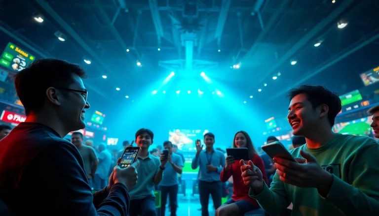 Players enjoying an exciting online gambling experience with 79king, featuring interactive digital interfaces and vibrant colors.