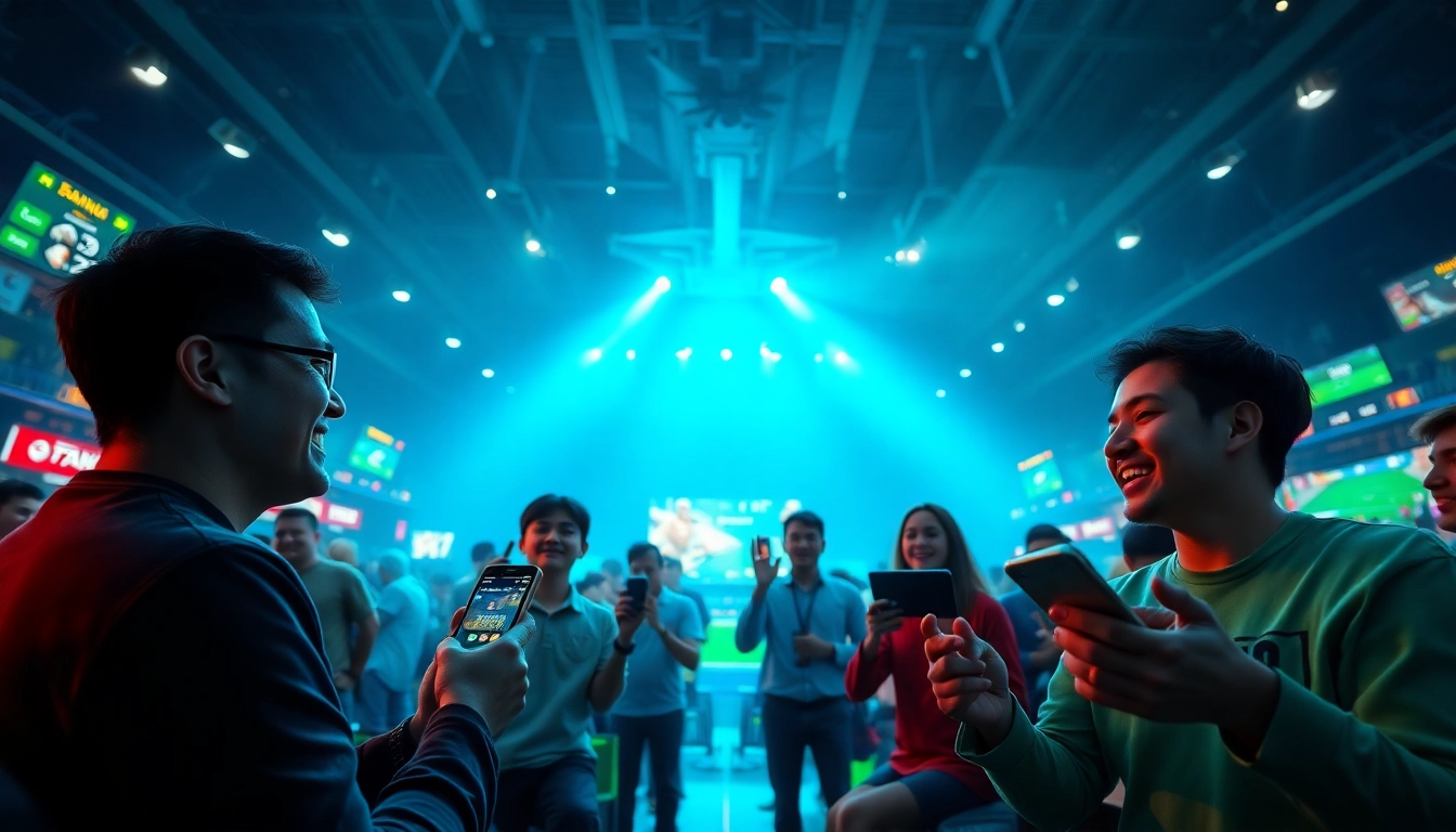 Players enjoying an exciting online gambling experience with 79king, featuring interactive digital interfaces and vibrant colors.