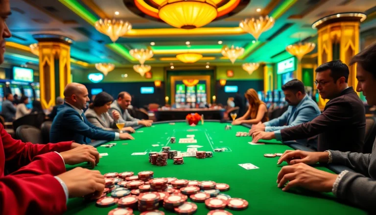 Engaged players at a casino poker table, showcasing an exciting game atmosphere.