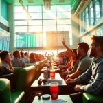 Excited bettors engaging in Sports Betting at a modern sportsbook with vibrant odds boards.