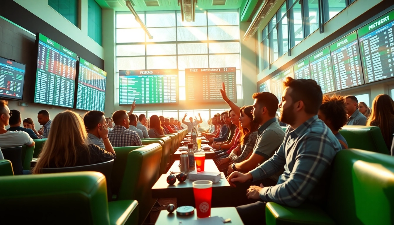 Excited bettors engaging in Sports Betting at a modern sportsbook with vibrant odds boards.