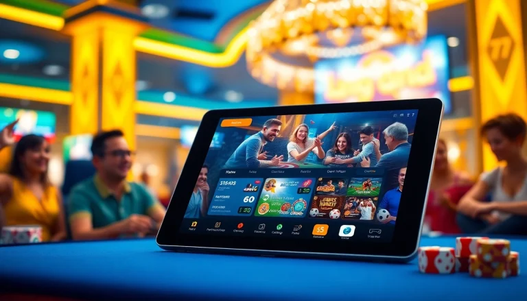 Fesselnde Szene mit der 79king-Spieloberfläche auf einem Tablet inmitten einer lebhaften Casino-Atmosphäre.