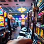 Permainan Slot Game dengan mesin slot berwarna-warni di kasino yang cerah.