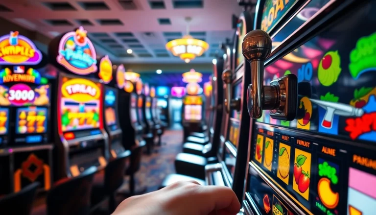 Permainan Slot Game dengan mesin slot berwarna-warni di kasino yang cerah.