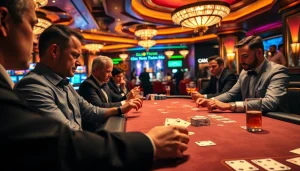 Experience intense gameplay at a Blackjack Casino with players focused on their cards and a luxurious setting.