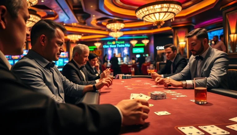 Experience intense gameplay at a Blackjack Casino with players focused on their cards and a luxurious setting.