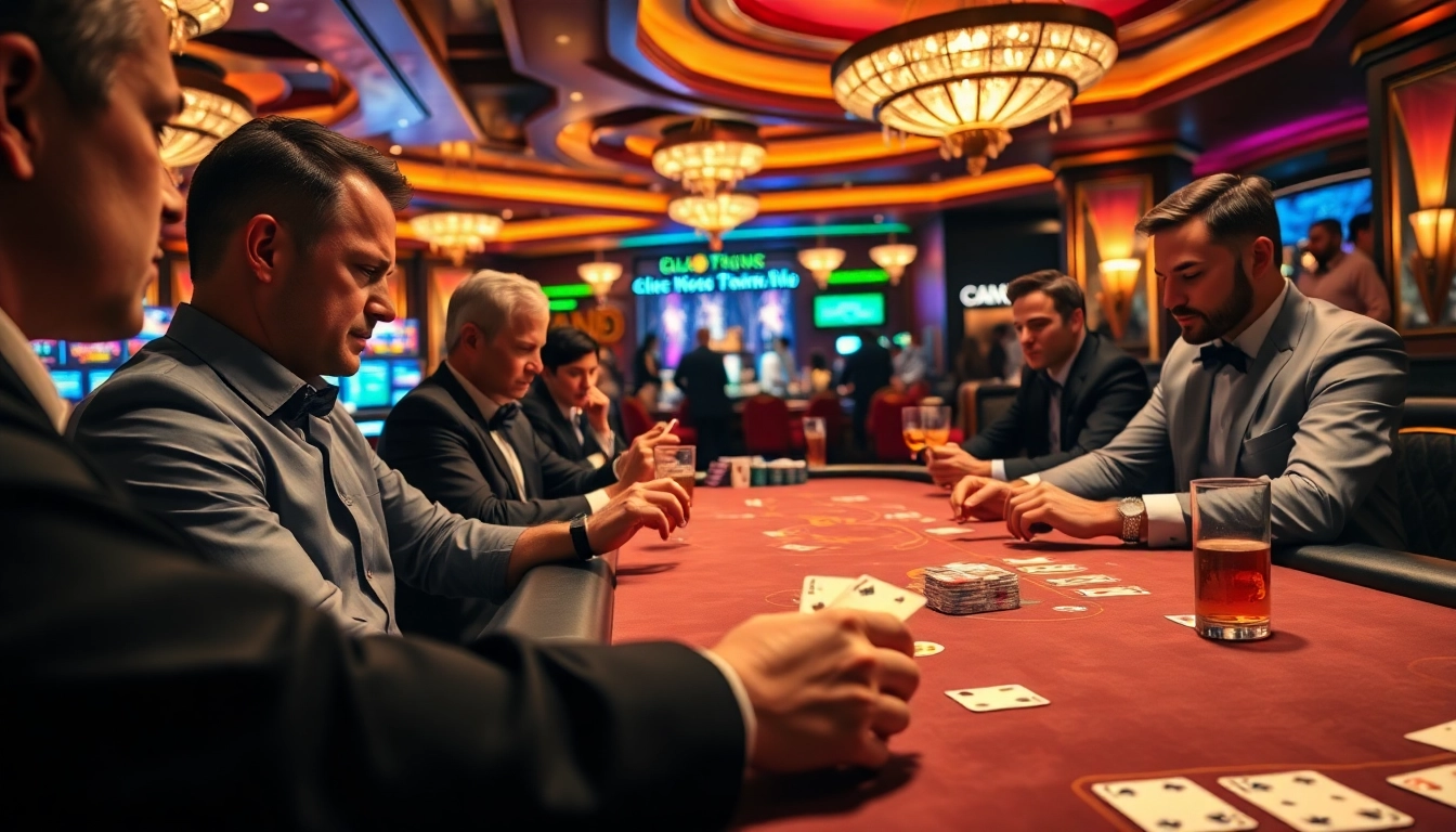 Experience intense gameplay at a Blackjack Casino with players focused on their cards and a luxurious setting.