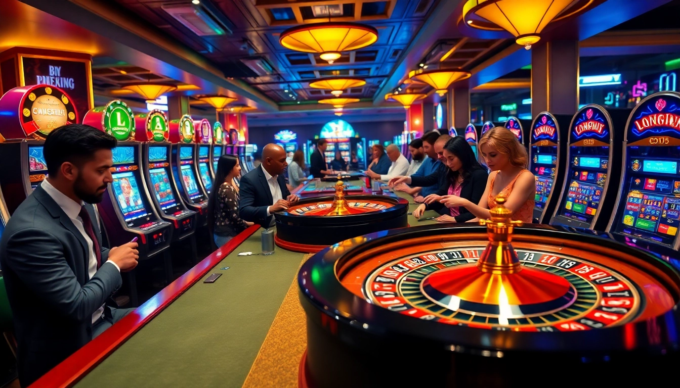 Players enjoying a vibrant casino experience at 79king, surrounded by roulette, slots, and lively atmosphere.