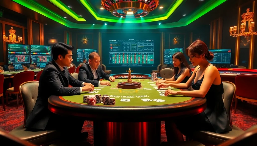 Engaging poker game scene at CPC188 showcasing chips and cards in a luxurious casino atmosphere.