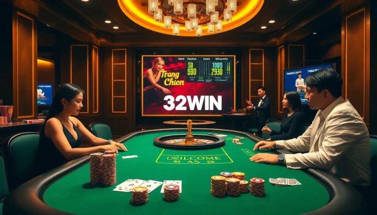 Experience the excitement of gambling at Trang Chủ 32WIN with a luxurious casino scene featuring poker and roulette.