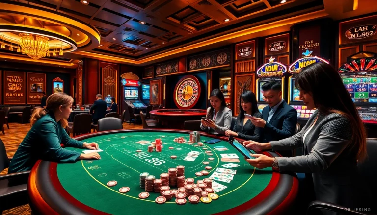 Engaging gamblers explore NHÀ CÁI MM88 with vibrant casino tables and electronic devices.