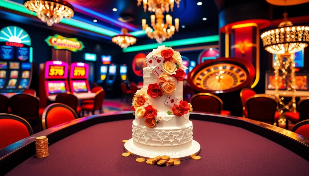 Hi88 wedding celebration at a luxurious casino with poker tables and festive decorations.