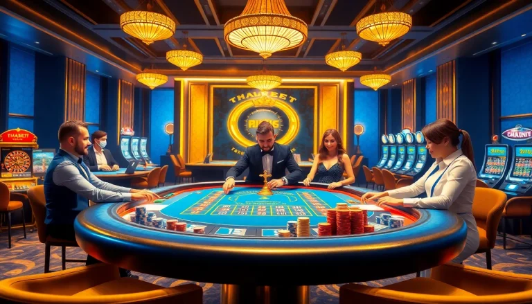 Thrilling gambling action at THABET casino featuring vibrant game tables and poker chips.