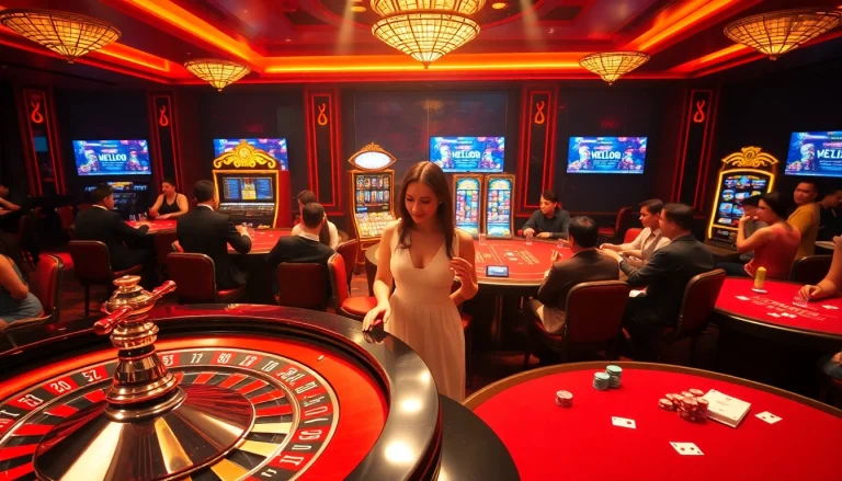 Experience the excitement of Hello88 while playing roulette and poker in a lavish casino setting.