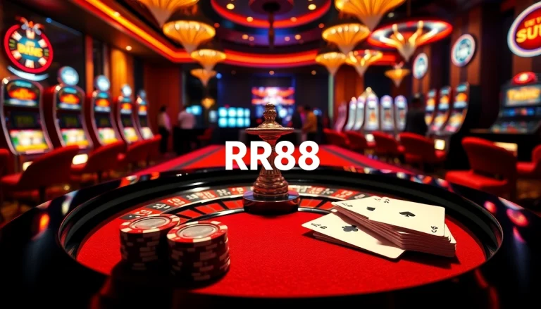 Experience gaming excitement at RR88 with luxury casino tables and vibrant slot machines.