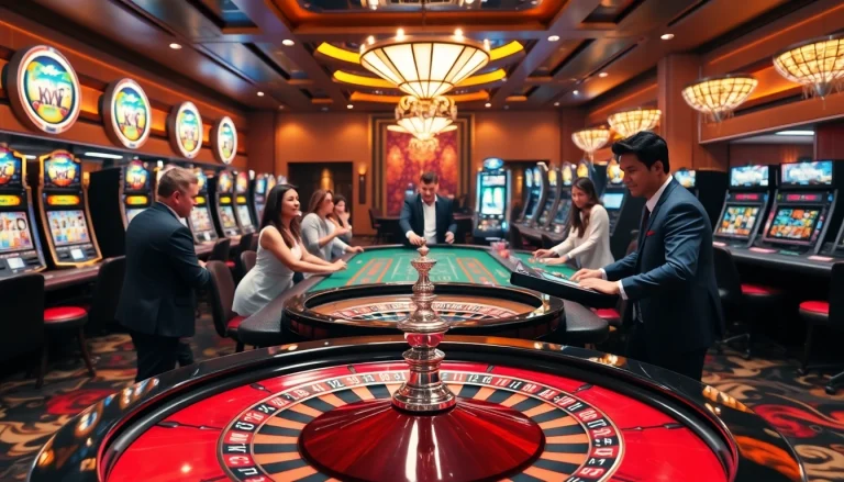 Experience the excitement at Trang Chủ KKWIN, featuring a lively casino scene with poker chips, roulette, and dynamic games.