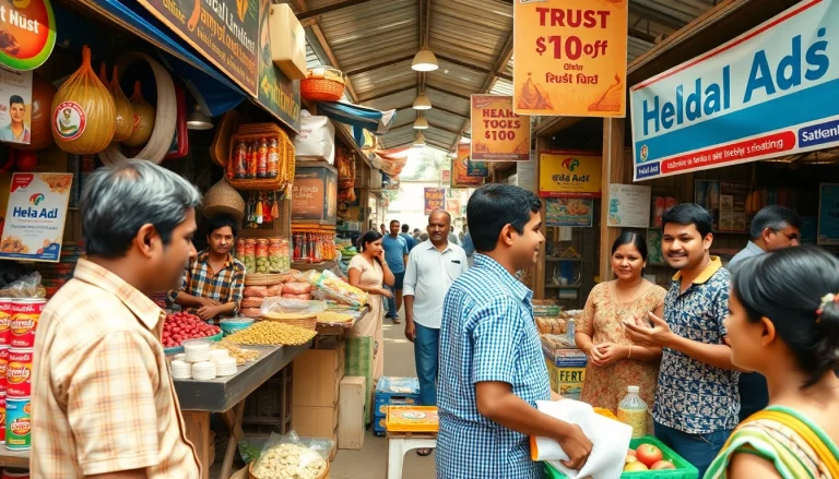 Vibrant marketplace scene featuring Hela Ads in Sri Lanka, with vendors and customers engaged.