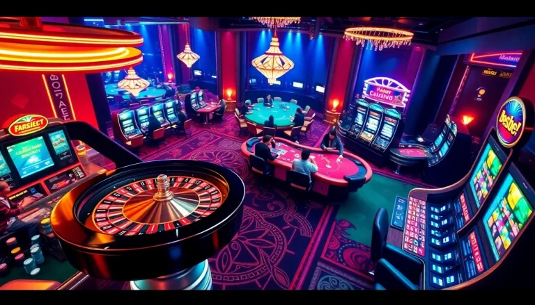 Experience thrilling gameplay at https://mm88.how/ with players engaging at vibrant casino tables and slot machines.