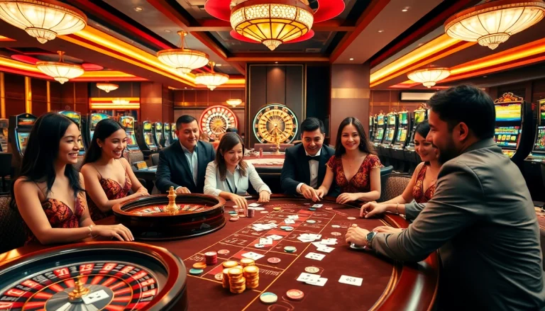 Experience the excitement of KJC Global in a vibrant casino scene with players enjoying various games.