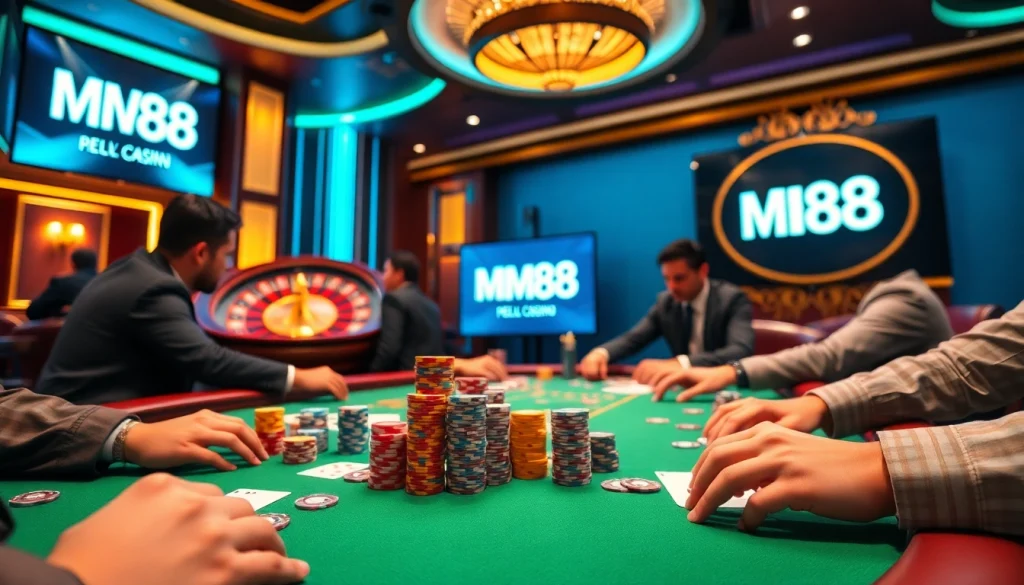 Experience thrilling gameplay at MM88 with a vibrant poker table and exciting roulette wheel backdrop.