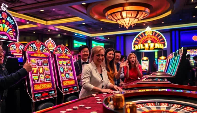 Gamblers enjoying the excitement of 슬롯사이트 at a vibrant casino slot machine setup.