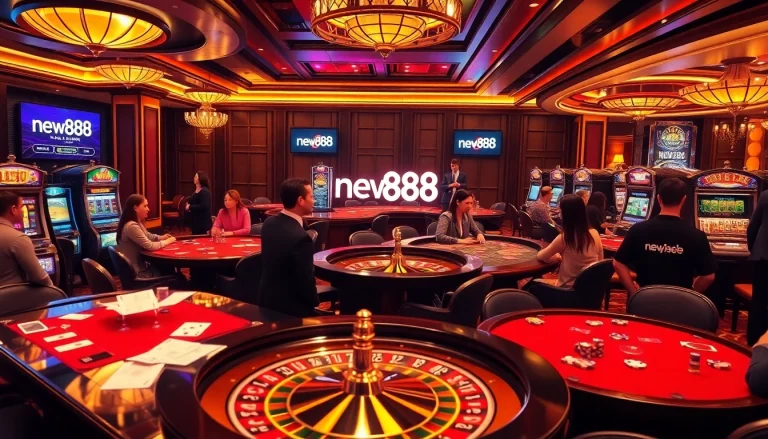 A lively casino scene featuring games and excitement at new888, highlighting poker tables and slot machines.