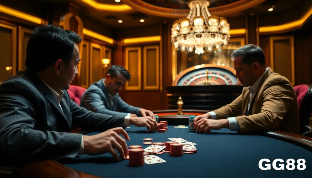 GG88 casino players enjoying an intense poker game at an upscale gaming table.