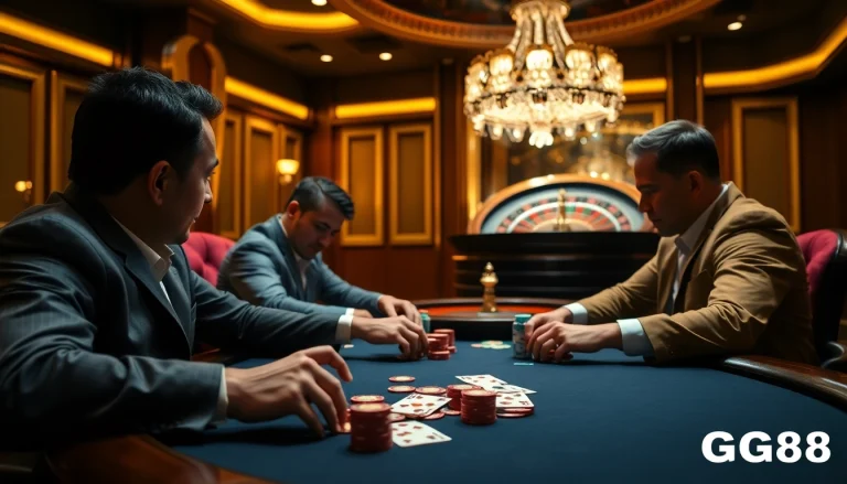 GG88 casino players enjoying an intense poker game at an upscale gaming table.