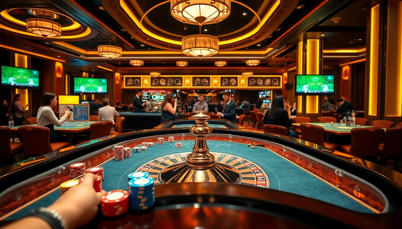 Experience the thrill of QQ88z Net with a vibrant casino scene featuring roulette and poker games