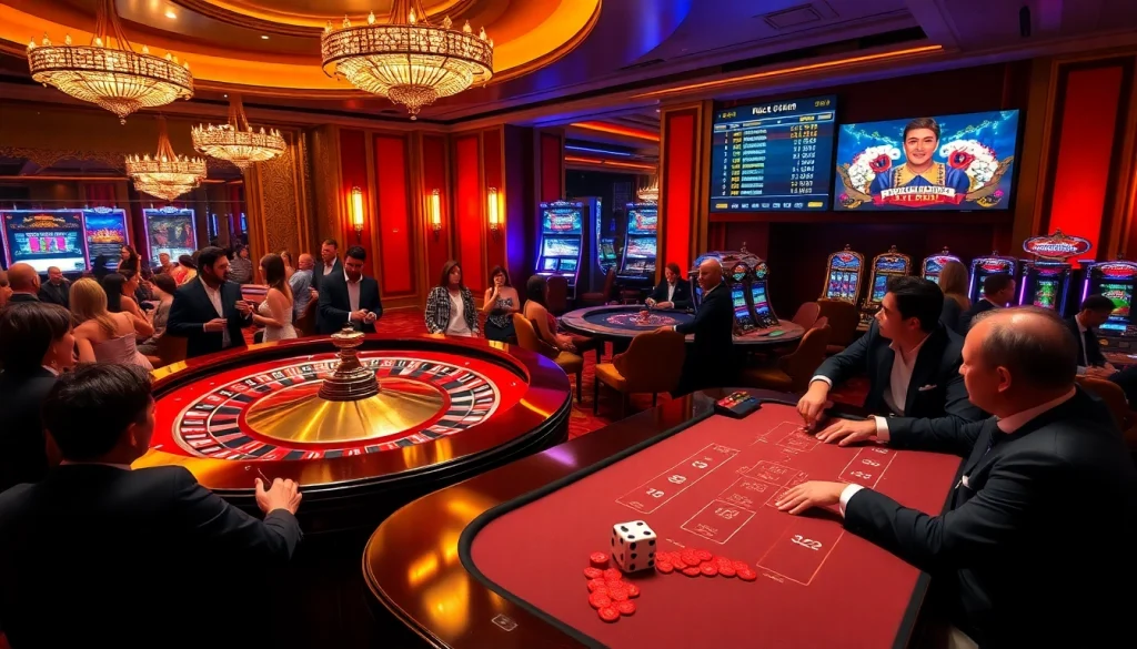 Exciting casino scene showcasing players around tables and slot machines at https://jboqz.com.
