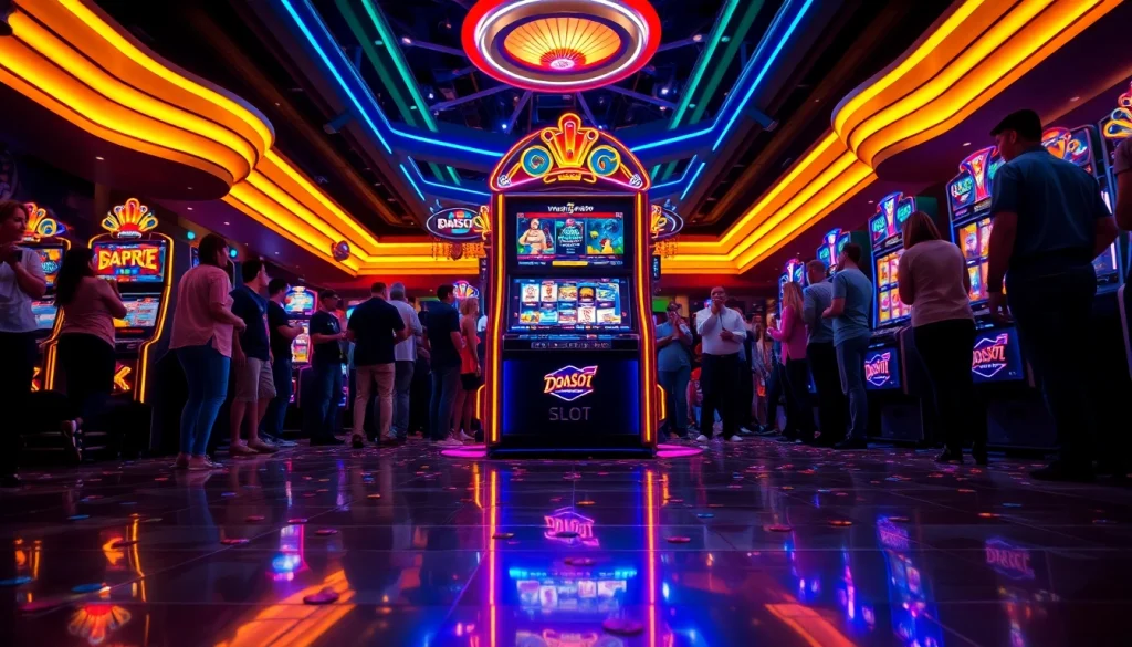 Experience the thrill of Doaslot slot with vibrant slot machines and lively crowd.