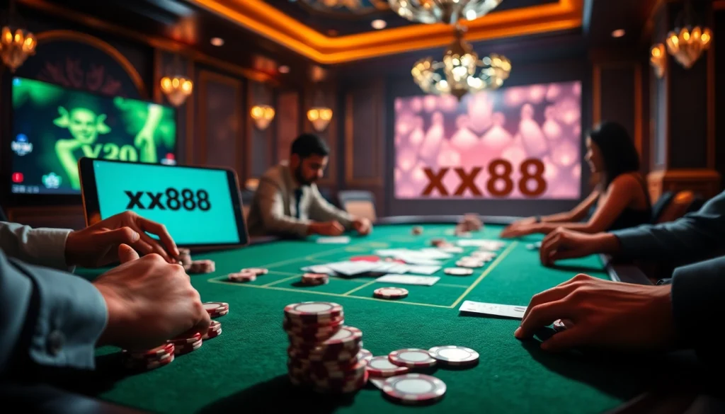 Experience thrilling moments at xx88 casino with engaging table games and vibrant poker chips.