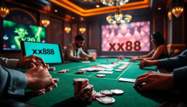 Experience thrilling moments at xx88 casino with engaging table games and vibrant poker chips.