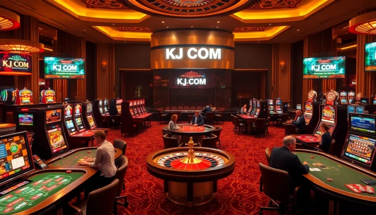 A thrilling casino experience with vibrant games and KJC COM branding, highlighting excitement and luxury.
