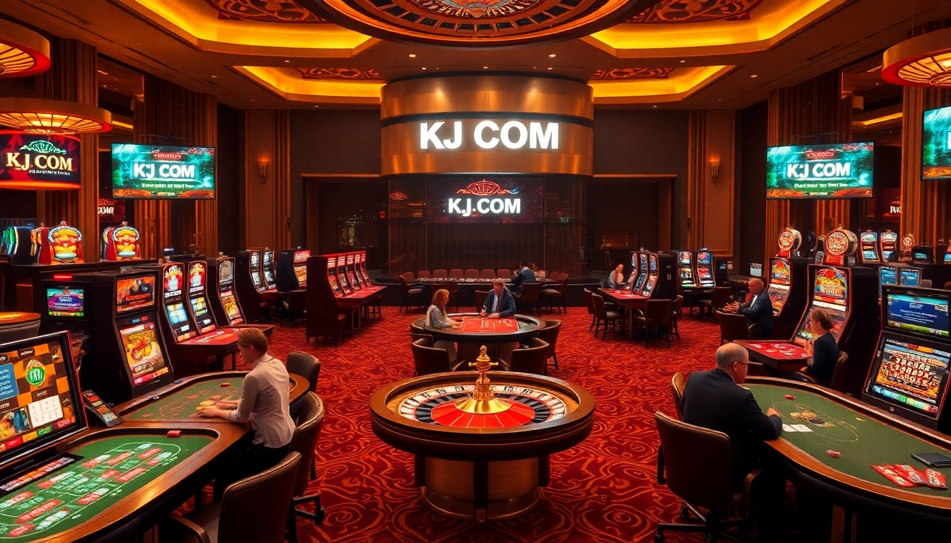A thrilling casino experience with vibrant games and KJC COM branding, highlighting excitement and luxury.