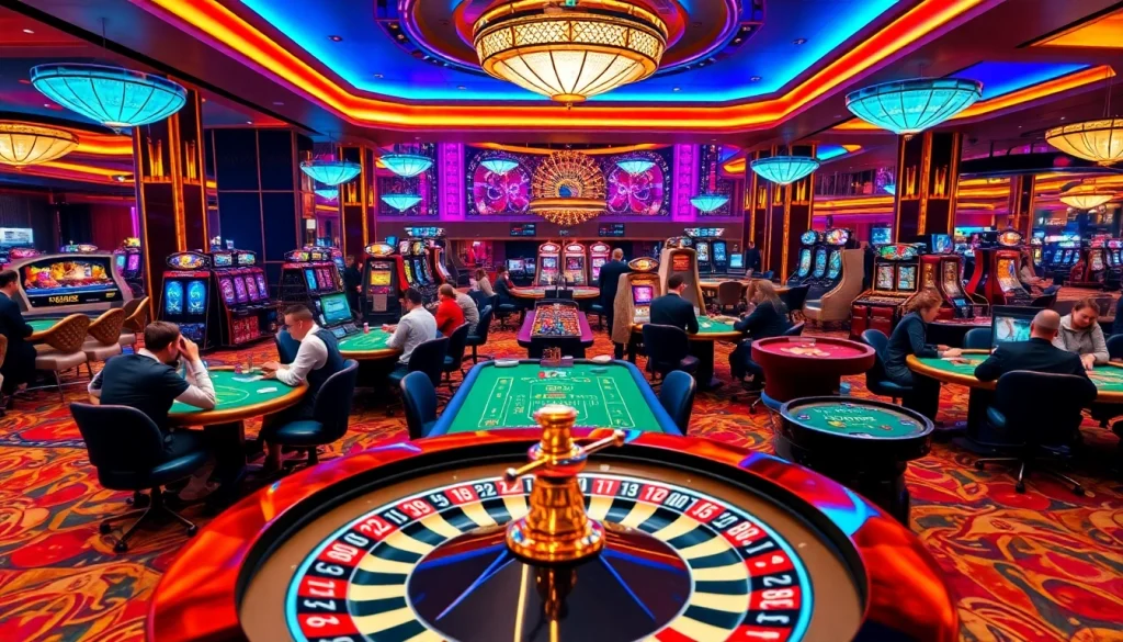 A thrilling scene of BJ 888 casino with players at blackjack and roulette tables, vibrant gaming atmosphere.