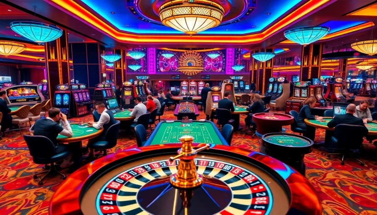 A thrilling scene of BJ 888 casino with players at blackjack and roulette tables, vibrant gaming atmosphere.