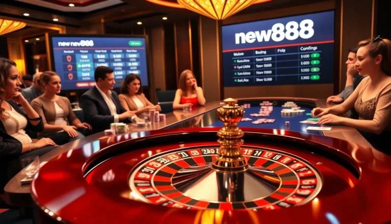 Excited players place bets at the new888 casino roulette table, experiencing luxury and thrill.