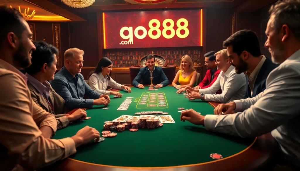 Intense poker action at a casino table, showcasing the excitement of go88. com gambling.