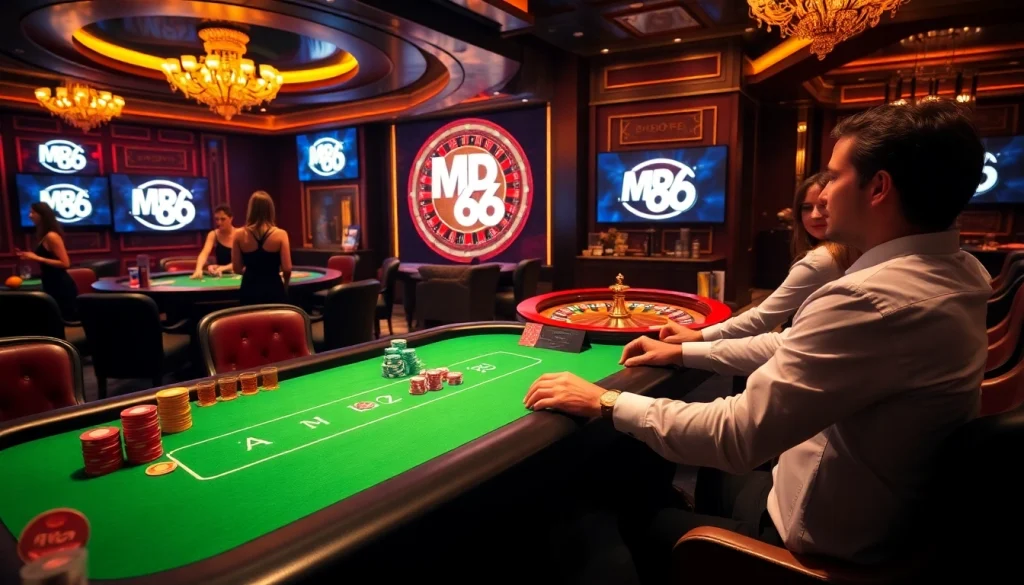 Exciting poker game scene featuring vibrant MB 66 casino elements, luxurious decor, and engaged players.
